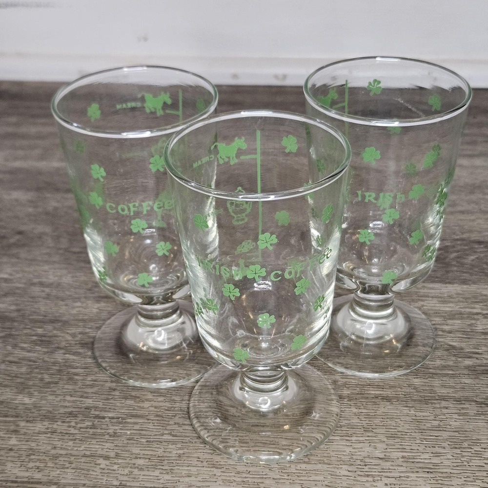 vintage Irish coffee footed glasses green shamrocks built-in recipe set of 3
